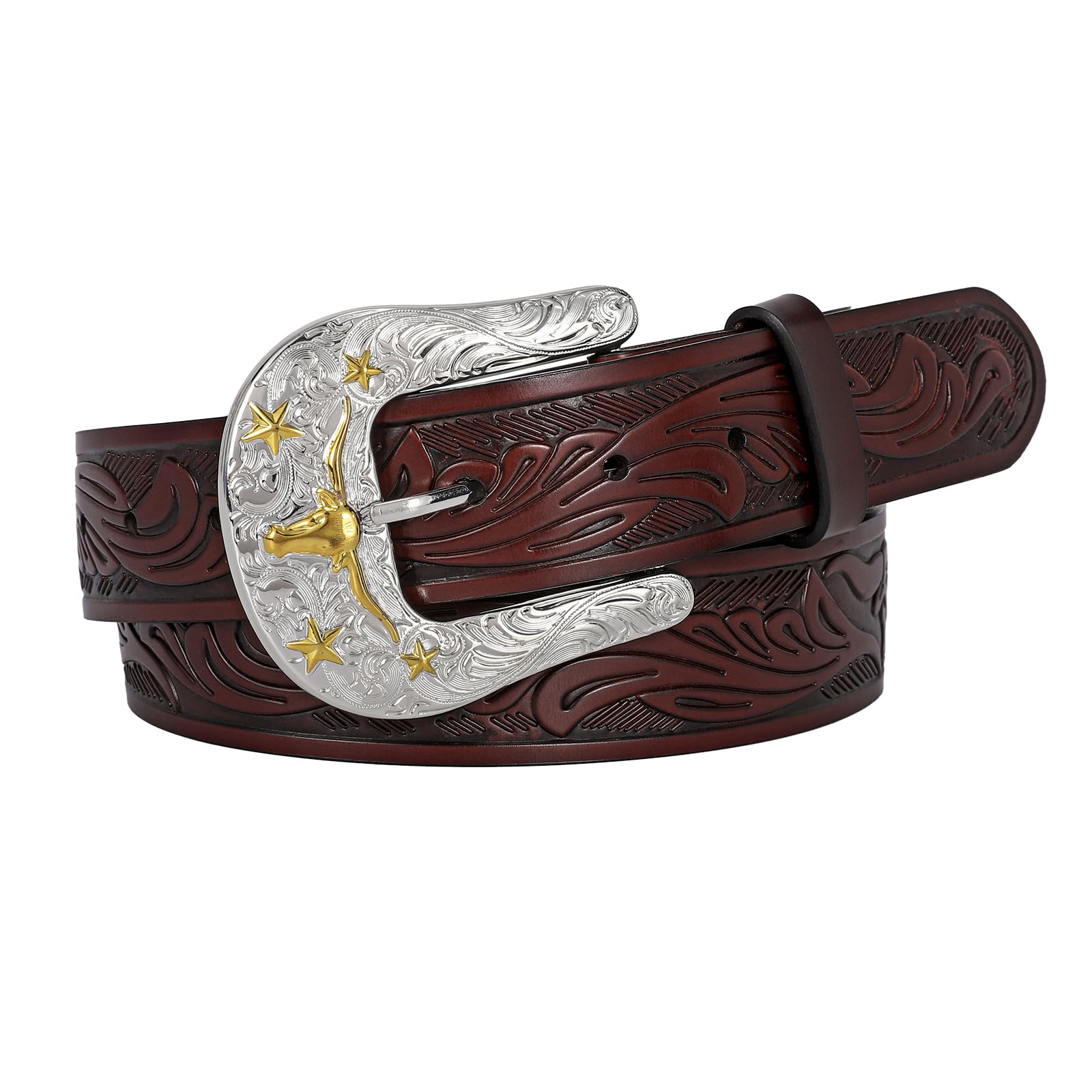BELTROAD Western Leather Belt for Women Men 1.5" Embossed Country Belt Leather Cowboy Buckle Belts for Jean Vintage Belt Gift