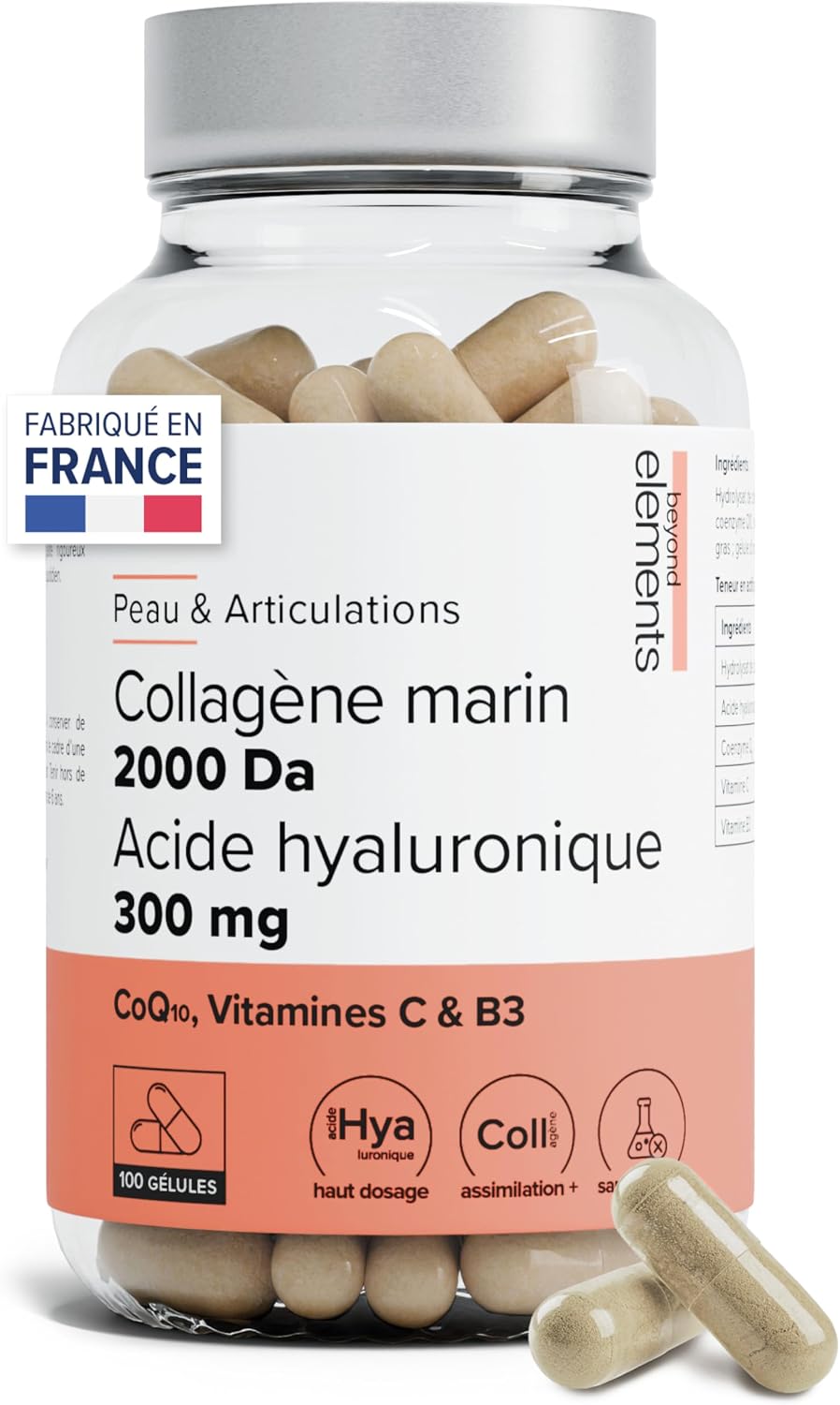 Marine Collagen 2000Da + Hyaluronic Acid 300mg, High Absorbency, Types I&III, Hydrated Skin, Coenzyme Q10, Vitamin C and B3, Responsible Peach – 100 Capsules – Beyond Elements