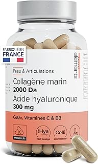 Visuel du produit : Collagène marin 2000Da + Acide hyaluronique 300mg, haute absorption, types I&III, peau hydratée, Coenzyme Q10, Vitamine C et B3, pêche responsable -100 gélules - Beyond Elements