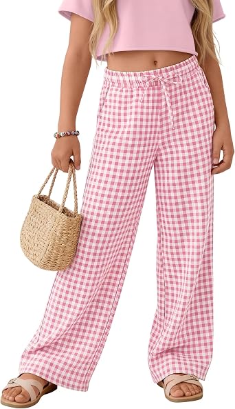 Oakgarden Girls Gingham Wide Leg Pants | Ages 5-14, Kids, Big Girls, Teen, Wide Leg, Gingham Pants, Plaid Trousers, Pockets, Drawstring, School Casual Pants, Active