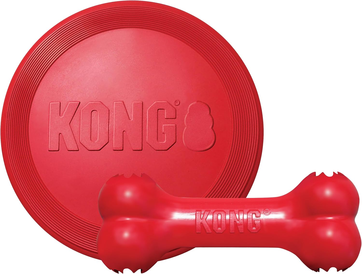 KONG Goodie Bone & Flyer - Dog Toys to Enrich Playtime - Dog Bone & Soft Throwing Disc Support Mental Engagement - Rubber Bone for Treats - Rubber Flying Disc with Dynamic Rebound - for Large Dogs