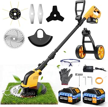 12" Electric Weed Wacker Battery Powered 6000mAh, 800W Brushless Weed Eater with Wheels, 4-in-1 Brush Cutter/String Trimmer/Grass Trimmer/Edger Tool,Stringless Weed Trimmer Metal Blade,2 Battery