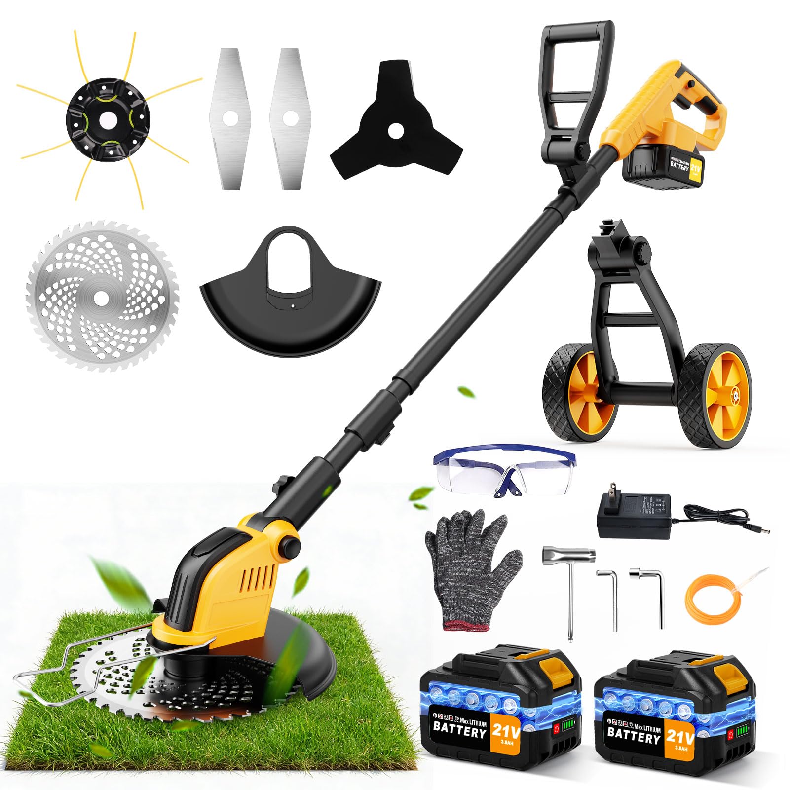 Photo 1 of 12" Electric Weed Wacker Battery Powered 6000mAh, 800W Brushless Weed Eater with Wheels, 4-in-1 Brush Cutter/String Trimmer/Grass Trimmer/Edger Tool,Stringless Weed Trimmer Metal Blade,2 Battery