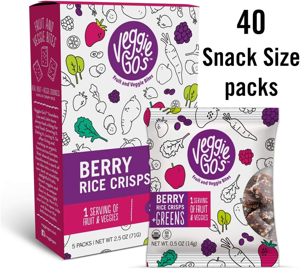 Wildmade Veggie Go's Fruit and Veggie Bites (Berry, Rice Crisps + Greens) Organic Fruit Chews with No Added Sugar for Kids and Adults - Gluten-Free, Non-GMO, Vegan - 40 Pack