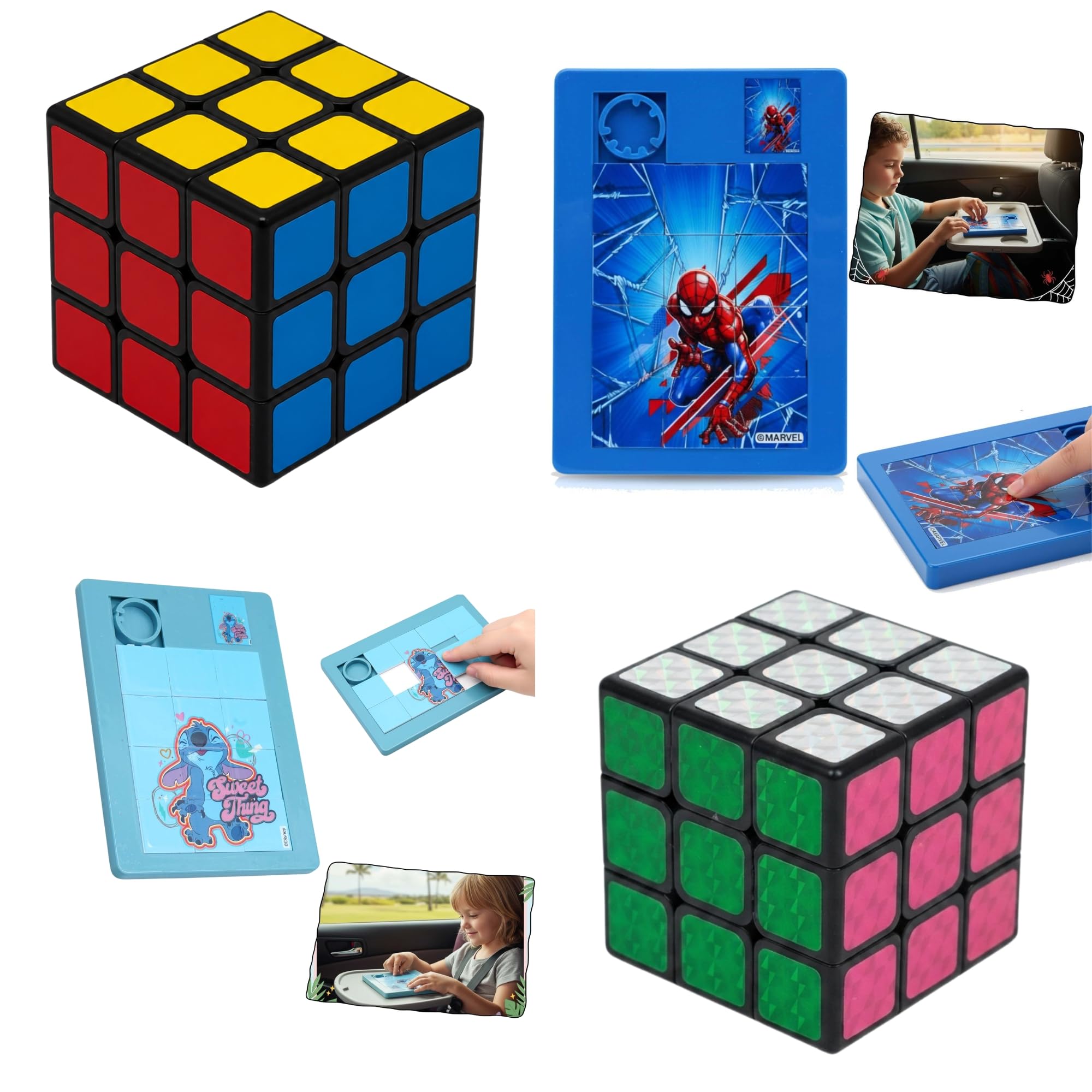 Magic Cube Puzzle Bundle (Classic & Crystal) + Spider-Man & Disney Stitch Sliding Puzzles, Brain Teaser Fidget Toys, Christmas Birthday Stocking Fillers — image 1