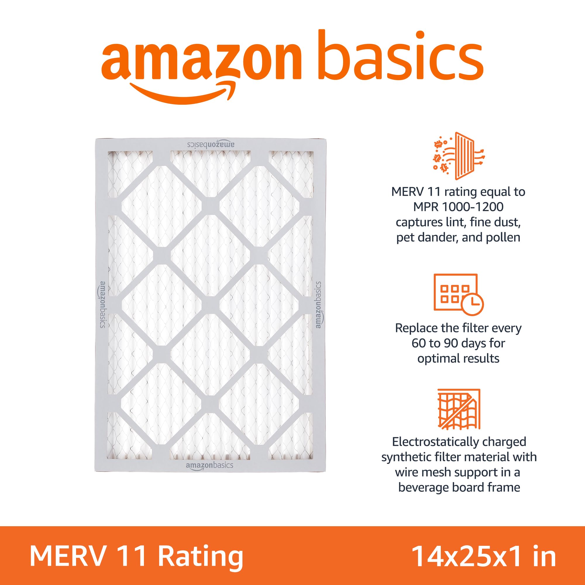 Amazon Basics Merv 11 AC Furnace Air Filter - 14'' x 25'' x 1'', 6-Pack