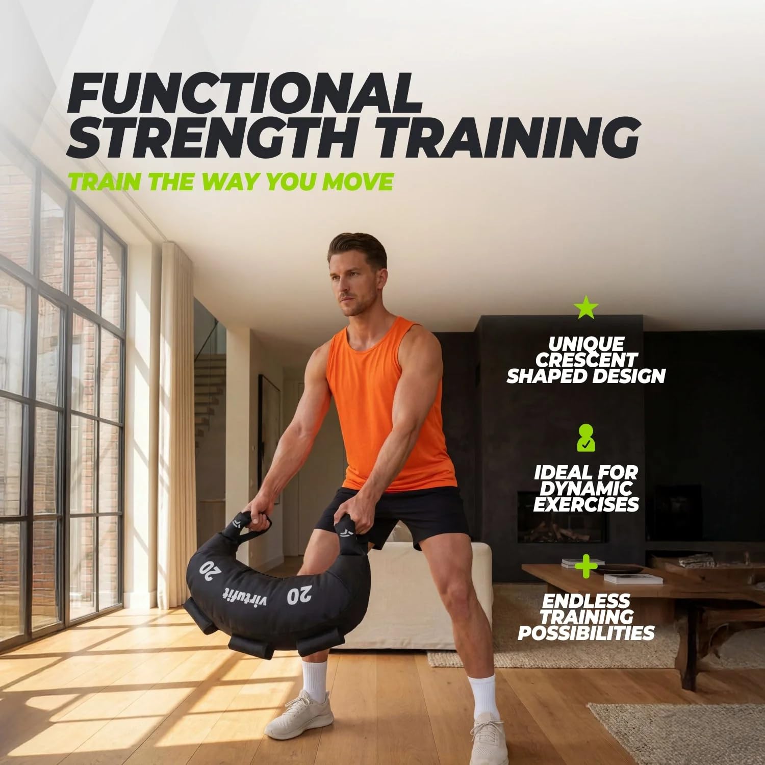 VirtuFit Bulgarian Bag 20 kg – torba fitness do treningu siłowego, treningu crossowego i treningu funkcjonalnego – worek treningowy z wieloma uchwytami