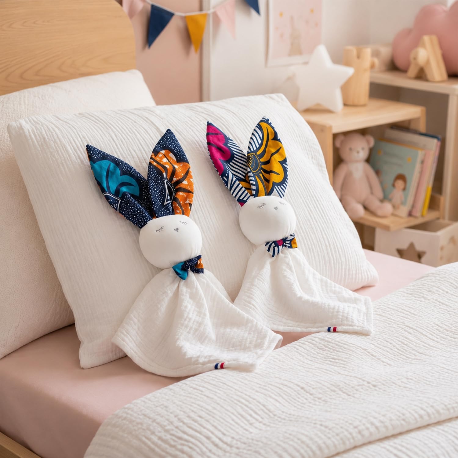 SEVIRA KIDS | Doudou lapin en gaze de coton, Wax - Rouge - Made in France