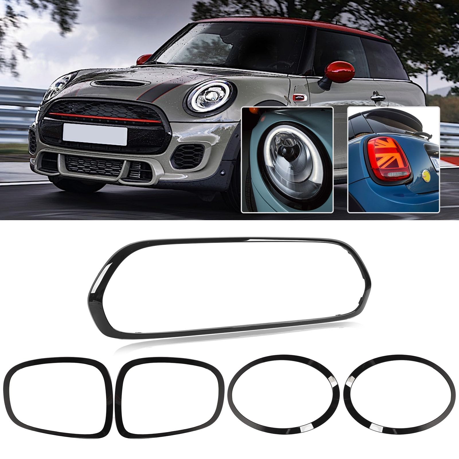 Tbest 5 Pezzi Nero Lucido Faro Fanale Posteriore Griglia Surround Copertura Cornice Finiture di Ricambio per Mini F55 F56 F57 One S JCW 2014+