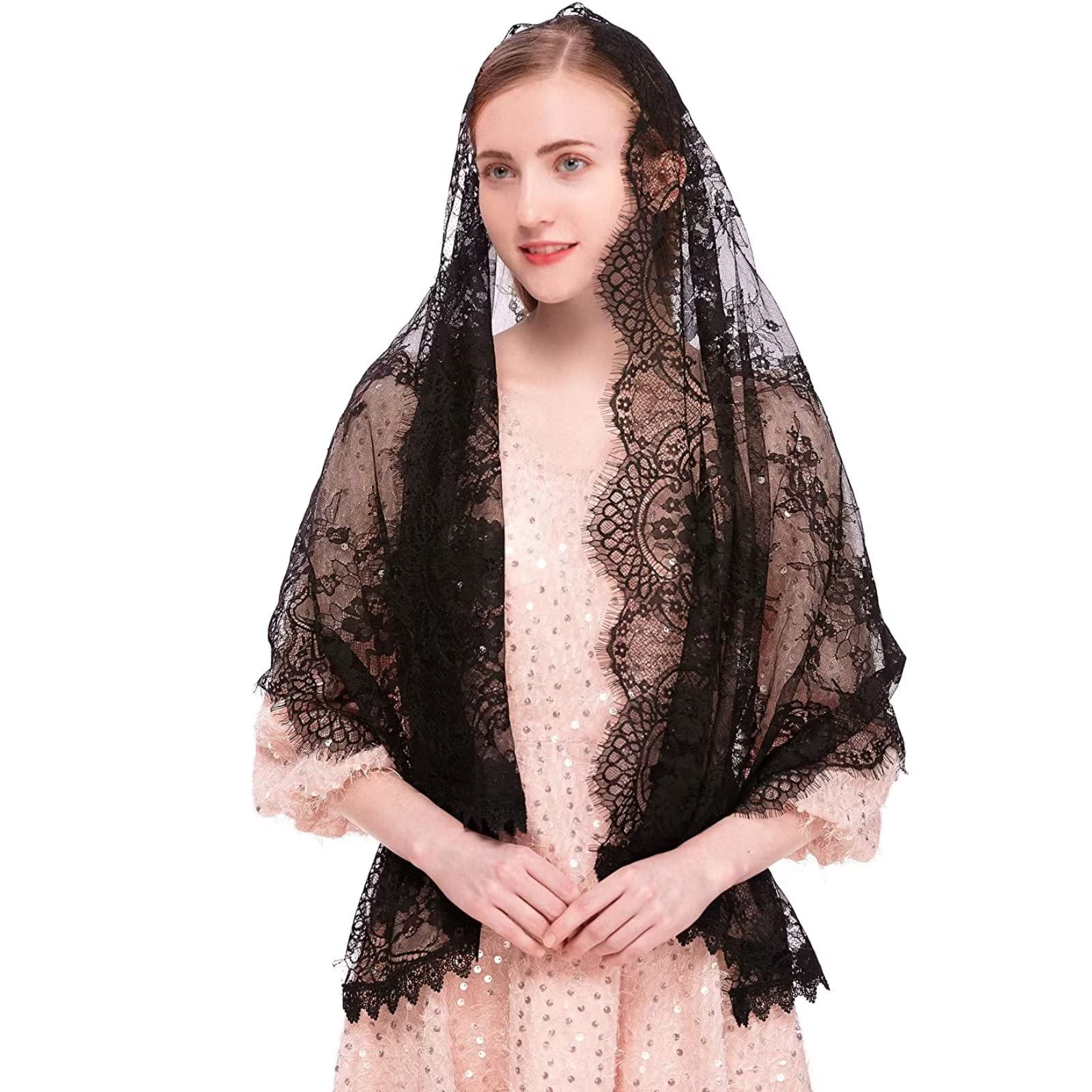 Pañuelo de Encaje Negro, Pañuelo para la Cabeza Velo de Capilla Rectangular Spanis Velos Florales Mantón para Cubrir la Cabeza En Masa
