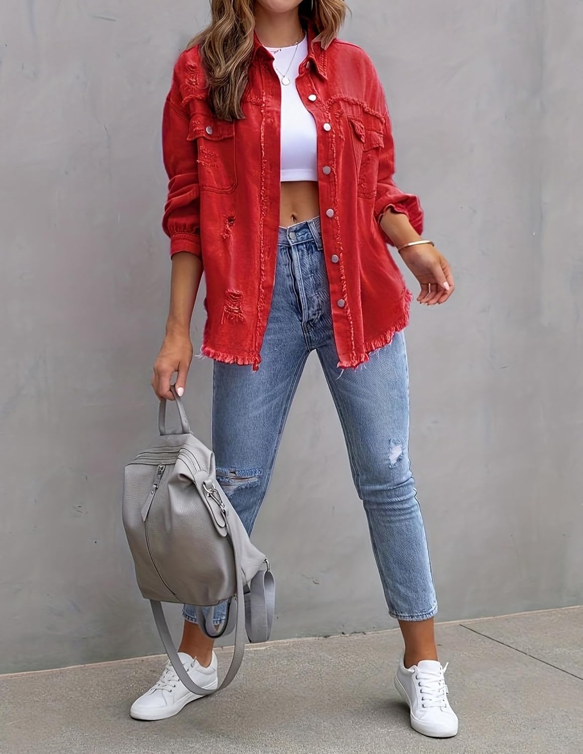 LIZALIG Women's Distressed Oversized Denim Jacket - Button Down Casual Jean Shacket for Spring Outfits