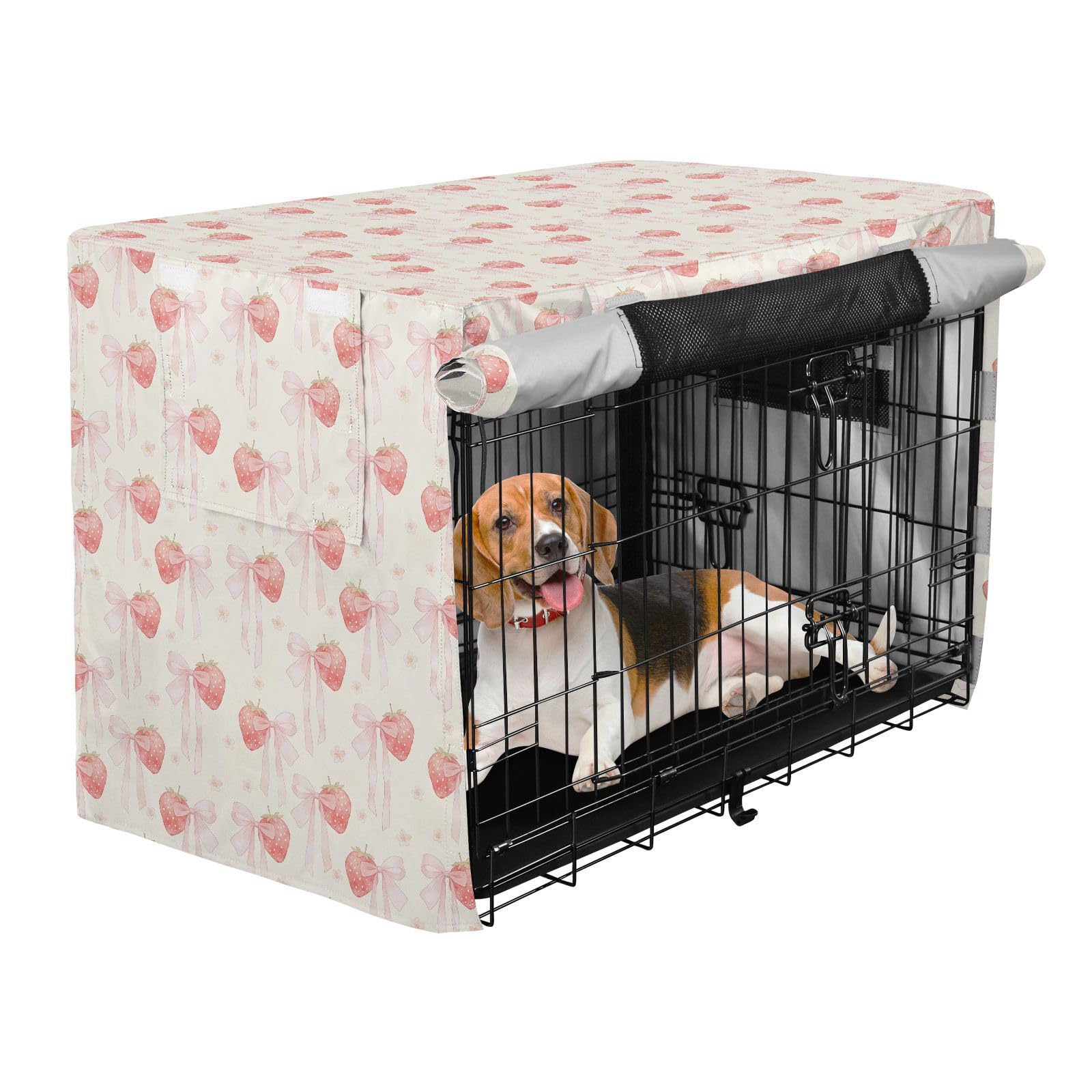 Cover for Dog Cage Strawberries Bow Tie Pet Wire Cage Cover Dog Crate Curtains Pink