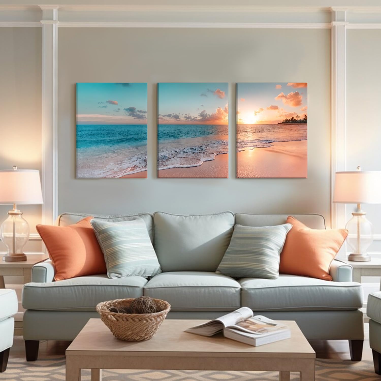 3 Pcs Beach Sunset Canvas Wall Art Stunning Coastal Sunset Scene Posters Prints 12x16 Inch Framed Wall Decor Artwork for Bedroom Living Room Hallway Office Home