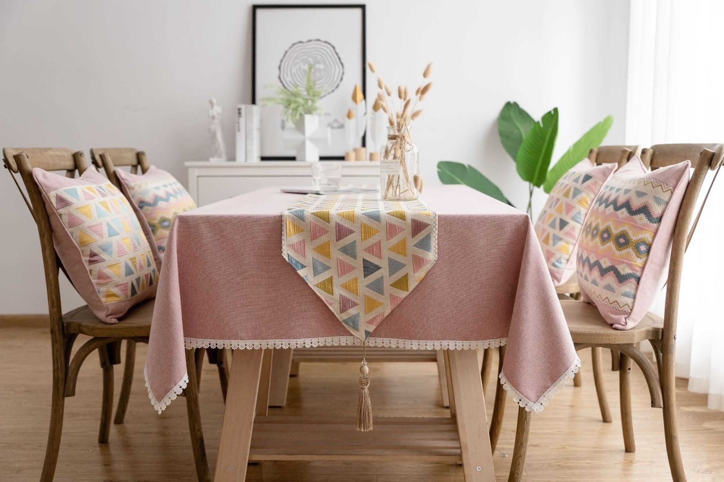 Tischläufer Natur, Tischdecke Weihnachten aus Polyester Jacquard Dreieck Rosa 32x220CM für Partys Abendessen