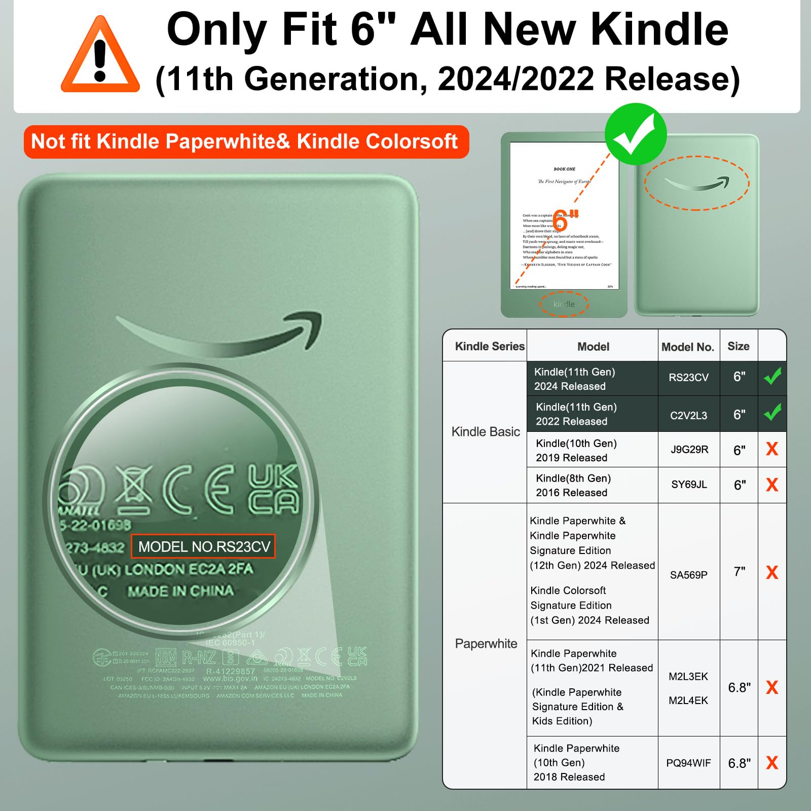 MoKo 360° Rotating Case for 6" All-New Kindle (11th Generation-2024/2022 Release), Clear Back Detachable Magnetic Protective Adjustable Stand Cover with Auto Wake/Sleep, Agave Green - 2