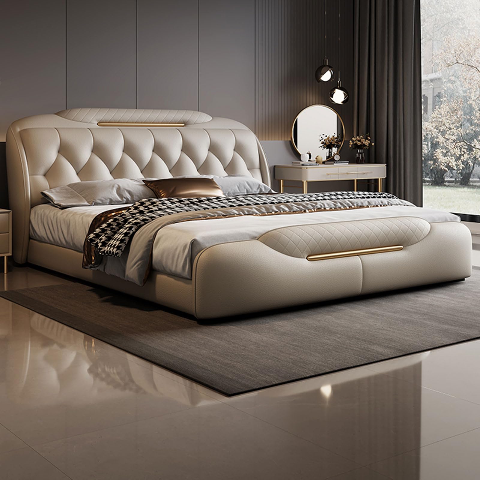 Luxury King Size Genuine Leather Wood Bed Upholstered Platform Bed Frame with Headboard and Lift Up Storage Strong