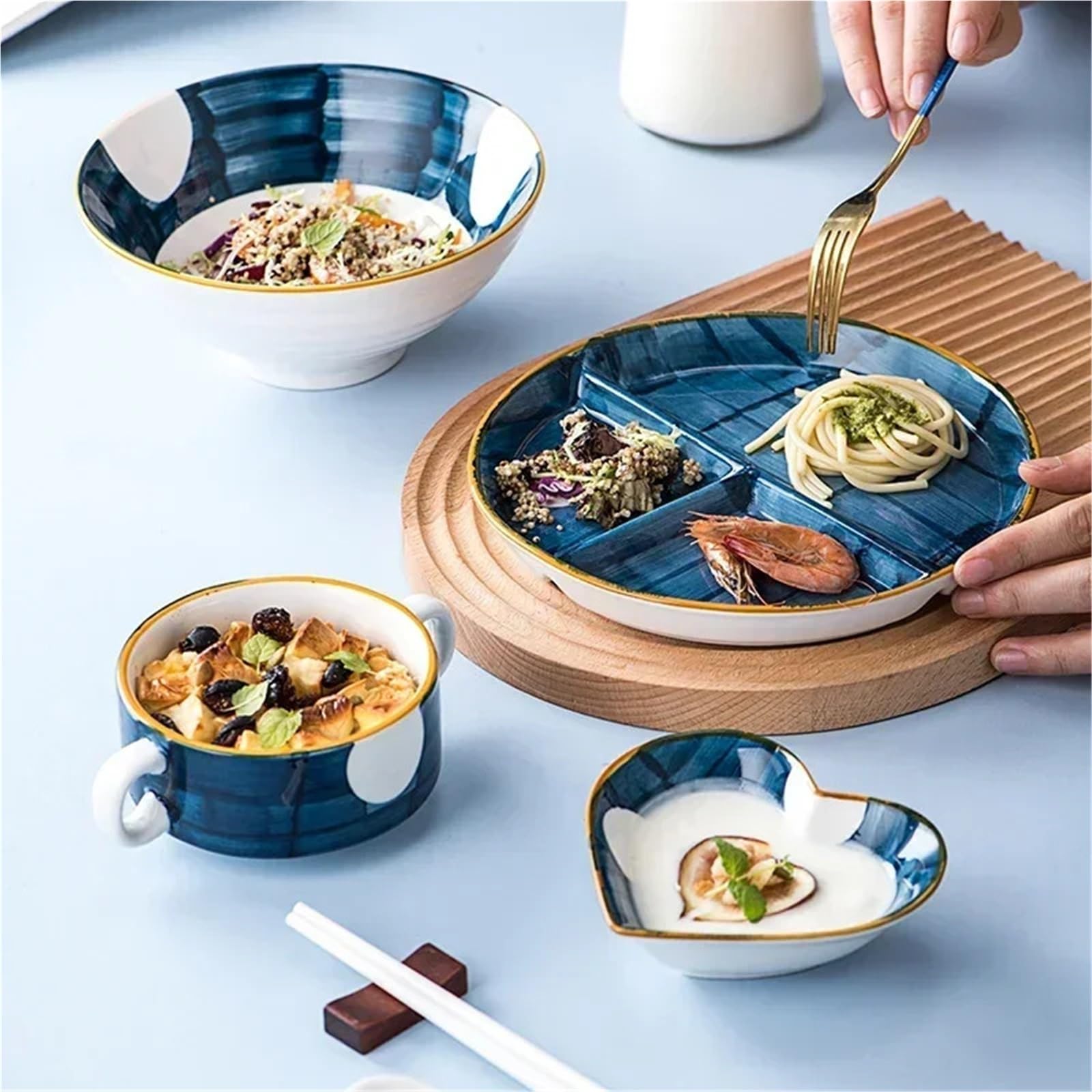 Assiette Porcelaine Assiette à dîner en céramique, assiette à trois compartiments, assiette de petit-déjeuner familiale for 1 personne, assiette à séparation quantitative réduisant les graisses(8 inch