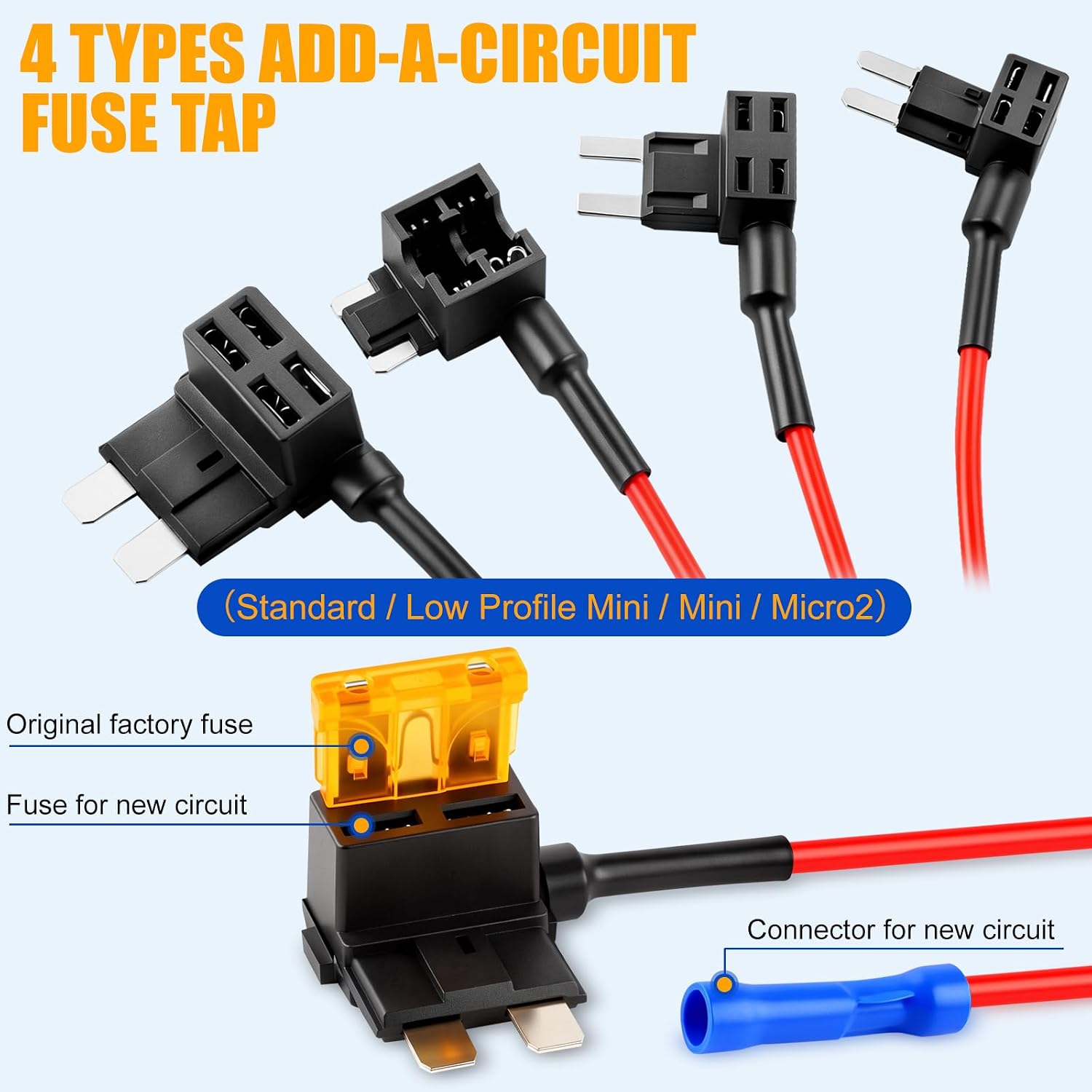10 Pack 12V Car Add-a-Circuit Fuse Tap Kit, 4 Types Standard Mini Micro2 Low Profile Fuses Taps, ATO ATC ATM APM Fuse Adapter Jumper for Cars Trucks Boats RVs