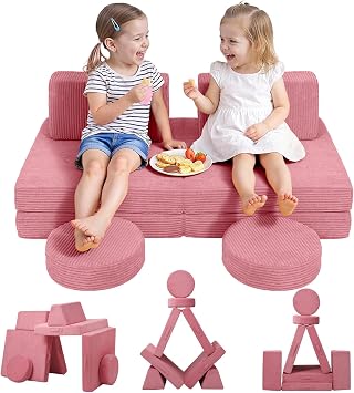 MeMoreCool Kids Couch for Playroom, Corduroy Convertible Toddler Couch, 8 Piece Modular Play Sofa, Foam Fort Building Set for Child Room Furniture, Pink