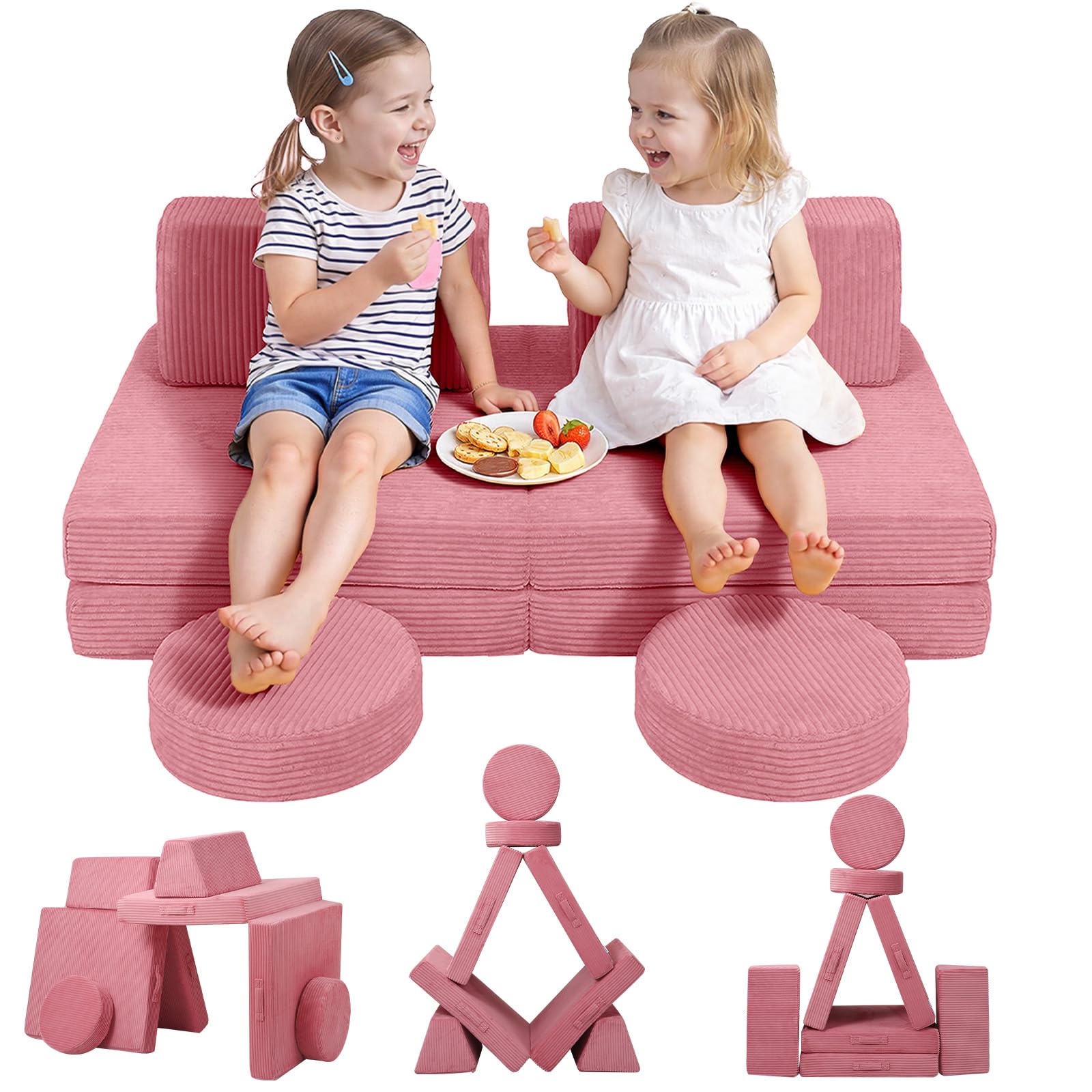 MeMoreCool Cord Spielsofa Kinder, Modulare Schaumstoff Couch Rosa | Weiche Schaumstoff Bausteine Couch für Kinder, Ideal als Kuschelecke und Kreativer Indoor-Spielplatz im Kinderzimmer