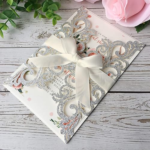 Miniatura 3 de 50 kits de invitación de boda con purpurina plateada de 5 x 7.3 pulgadas, corte láser, bolsillo floral hueco, invitaciones de boda impresas