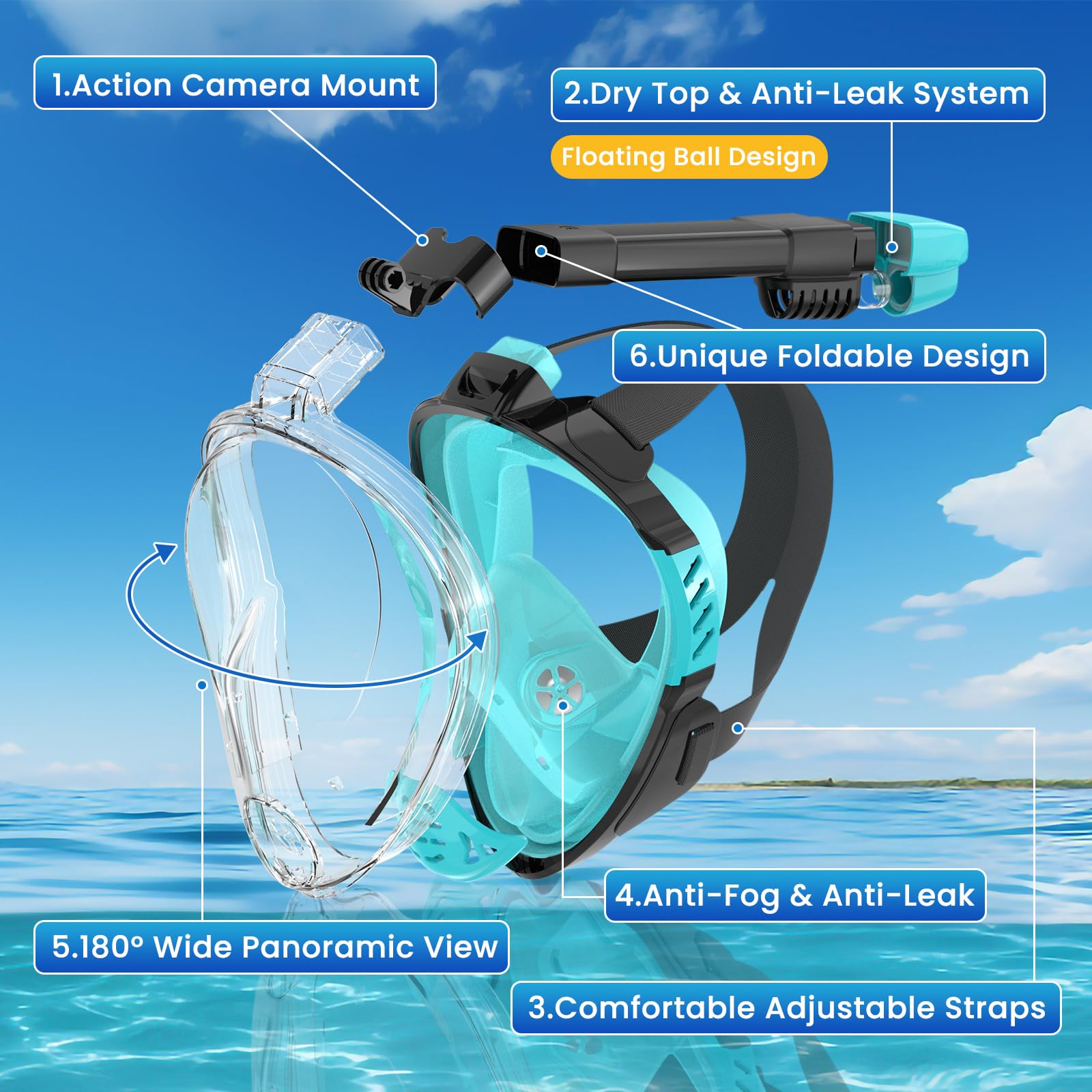 Máscara de esnórquel de cara completa, equipo de esnórquel para adultos, máscara de buceo, equipo de esnórquel con soporte de cámara desmontable, vista panorámica de 180°, antifugas, antivaho, paquete