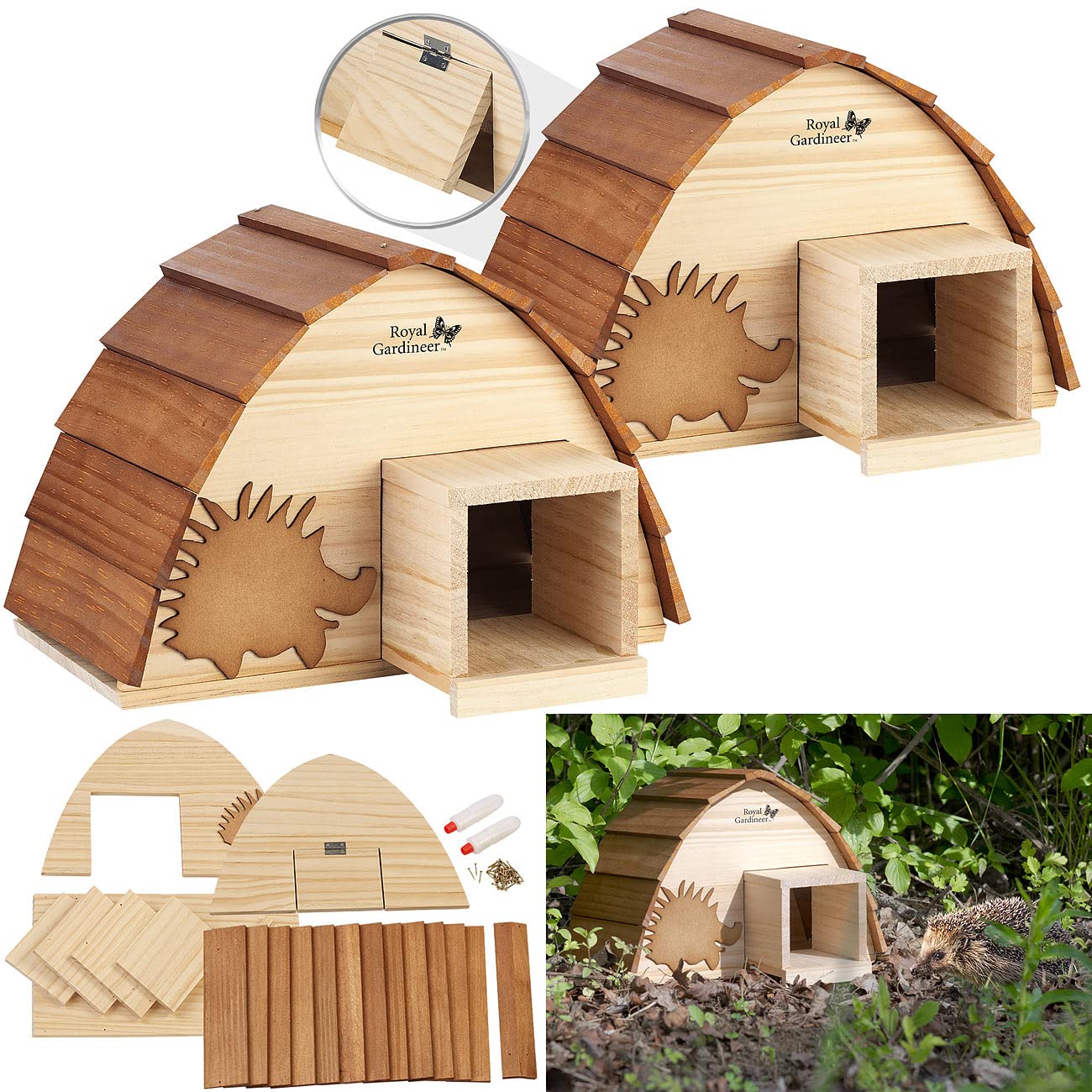 Royal Gardineer Igelhaus Bausatz Holz: 2er-Set wetterfeste Igelhäuser mit Schindeldach aus Echtholz, Bausatz (Igelfutterhaus, Igelnest, Insekten)