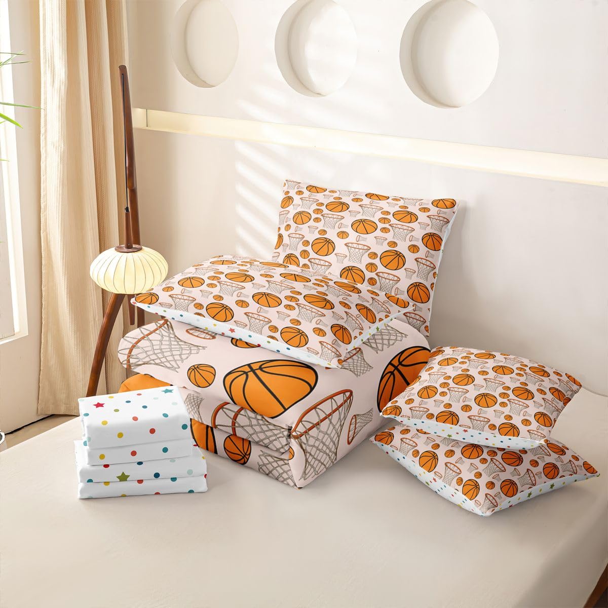 Loussiesd Juego de ropa de cama de 7 piezas con funda de edredón, sábanas, fundas de almohada, fundas de almohada, fundas de cojín, para niños y niñas, tamaño doble, diseño de baloncesto