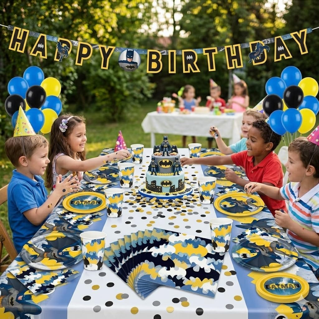 Batman Birthday Decorations Set with Batman Party Decorations and Complete Batman Party Supplies for Kids Superhero Tableware Plates Cups Napkins Banner and Tablecover image 2