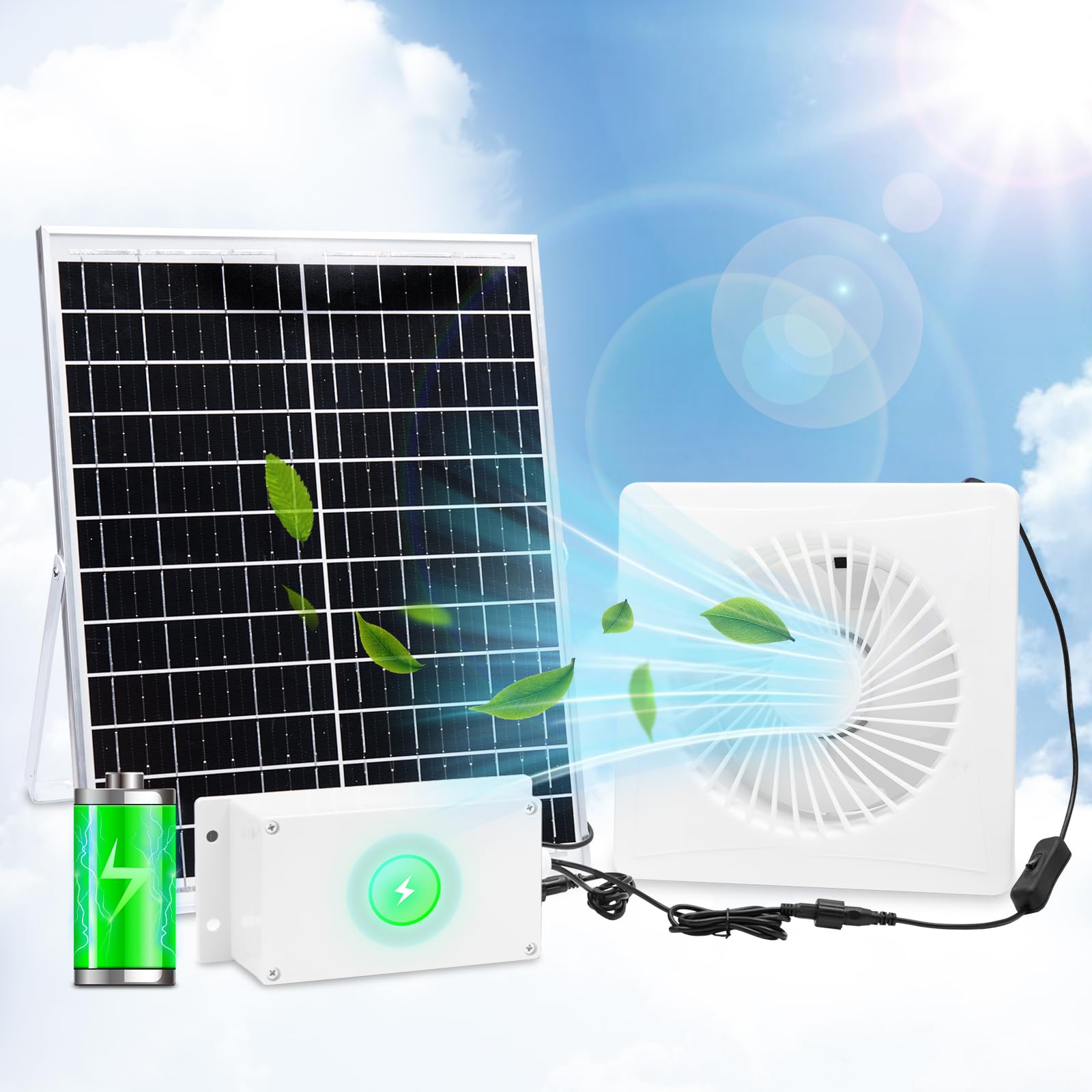 Solar Powered Fan Pro w 6000mAh Battery Run Day/Night, 9.8'' Solar Exhaust Fan+ 20W Solar Fan for Greenhouse Air Cooling Circulation with 16Ft On/Off Cable, Intake for Shed, Chicken Coop