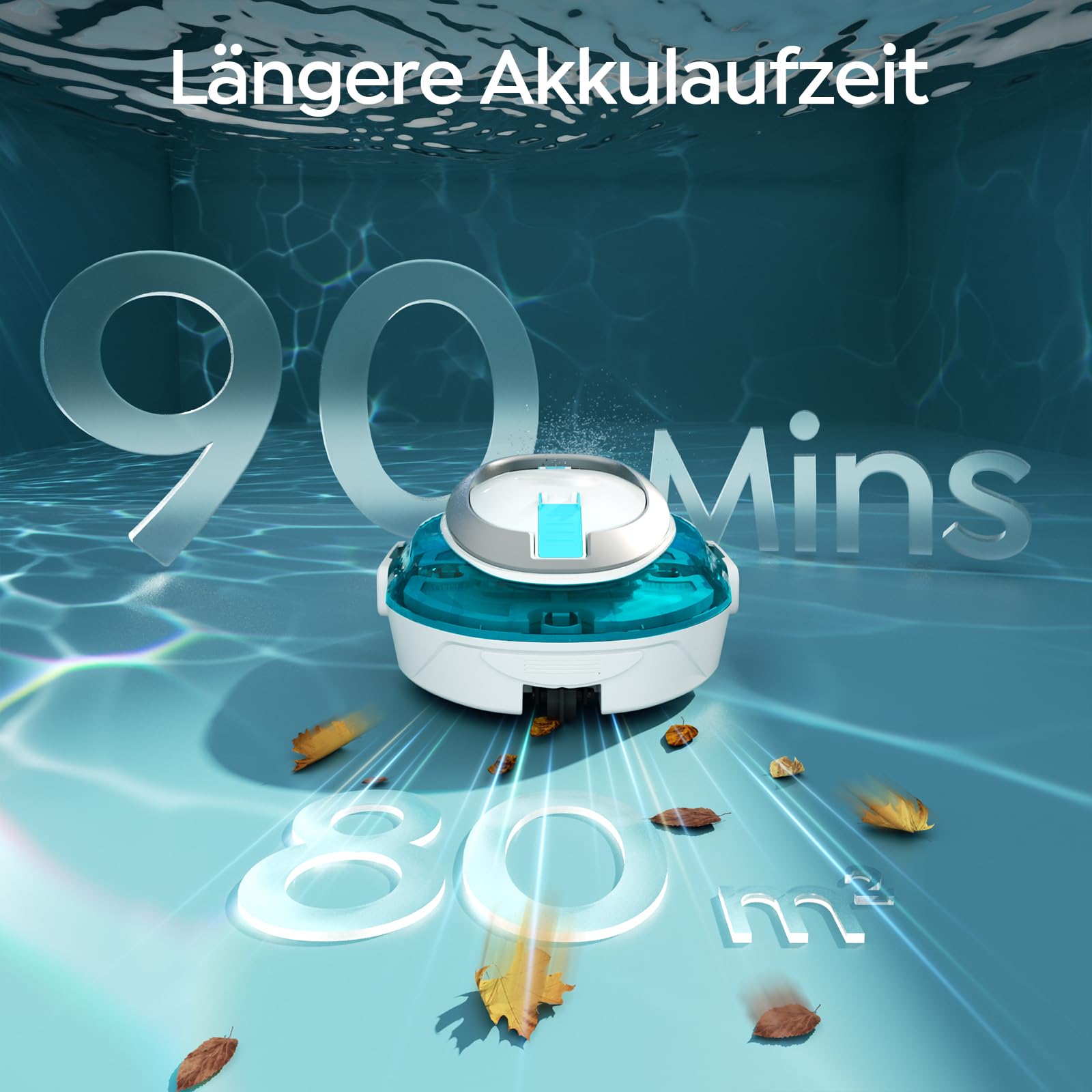 S2 Poolroboter, Kabelloser Poolsauger Akku, Doppelfiltersystem, 90 Min Laufzeit + 2,5H Schnellladung, Selbsteinpark Poolreiniger für Flachbodenpools bis 80 m²,Dual Motoren,Perlweißblau