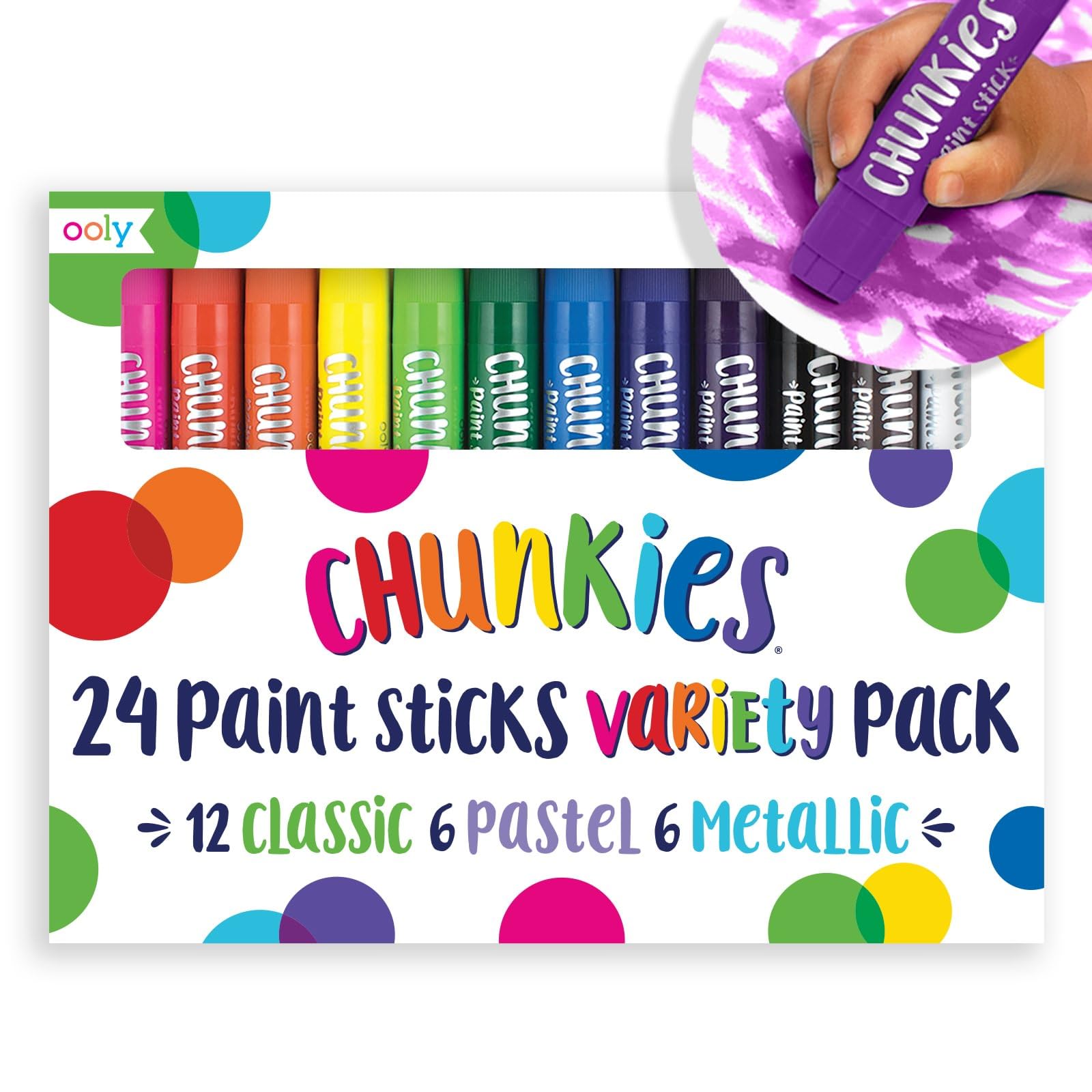 Ooly Chunkies 24 Paint Sticks For Kids, Tempera Paint Sticks Variety Set, Includes Classic, Pastel & Metallic No Mess Quick Drying Colors, Back to School Supplies