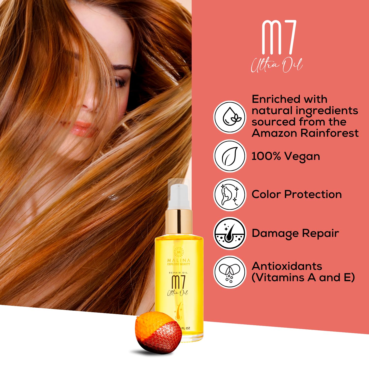 Malina Hair Growth Oil – Restoring Hair & Scalp Oil with Brazil Nut Oil, Styling & Frizz Control, Made in Brazil, Full XL Size 2 Fl Oz