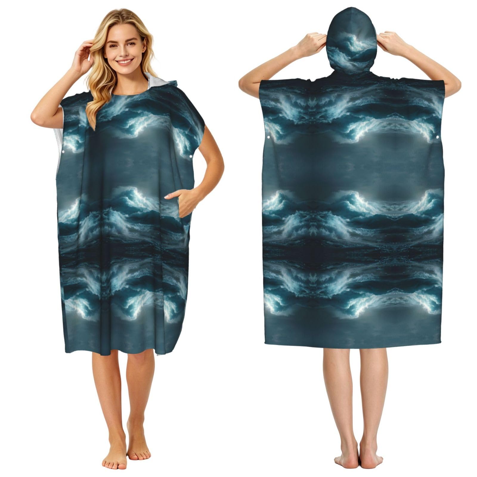 EZDLOWVBA Ocean Waves Print Hooded Poncho Microfiber Beach Towel,Adult Women & Men Changing Robe,Lightweight Summer Surf Swim Bath Poncho Towel