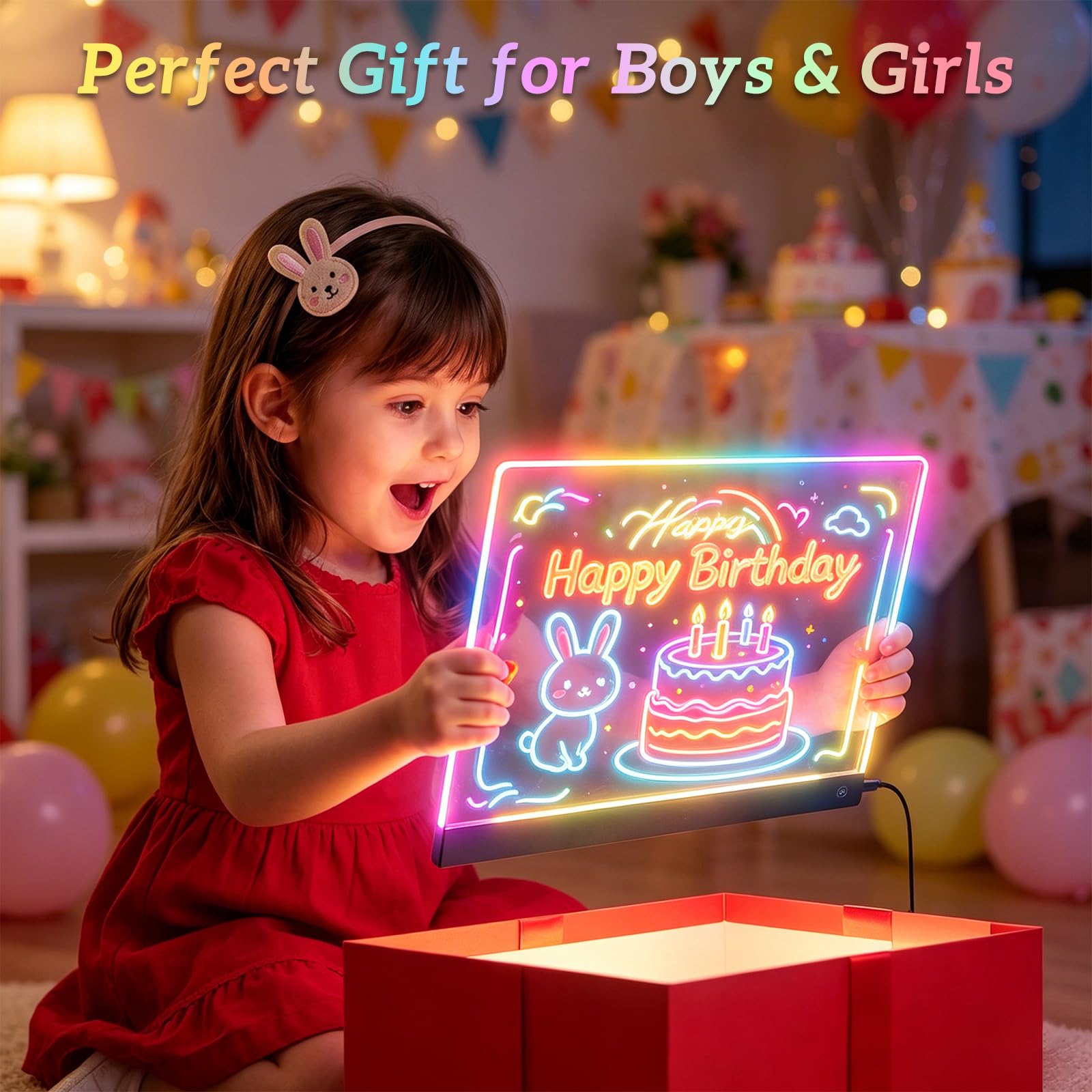 LED Zeichenbrett Tafel, 30x20cm LED Maltafel, Leuchttafel mit 7 Farben & 4 Lichtmodi, Notiztafel Schreibtafel mit 7 Farbmarker, Kreatives Geschenk für Zeichnen Memo Werbetafel