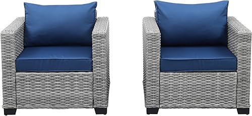Miniatura 7 de Juego de 2 sillas de sofá individuales para patio, sillas de acento para exteriores con cojines antideslizantes y funda impermeable, azul marino