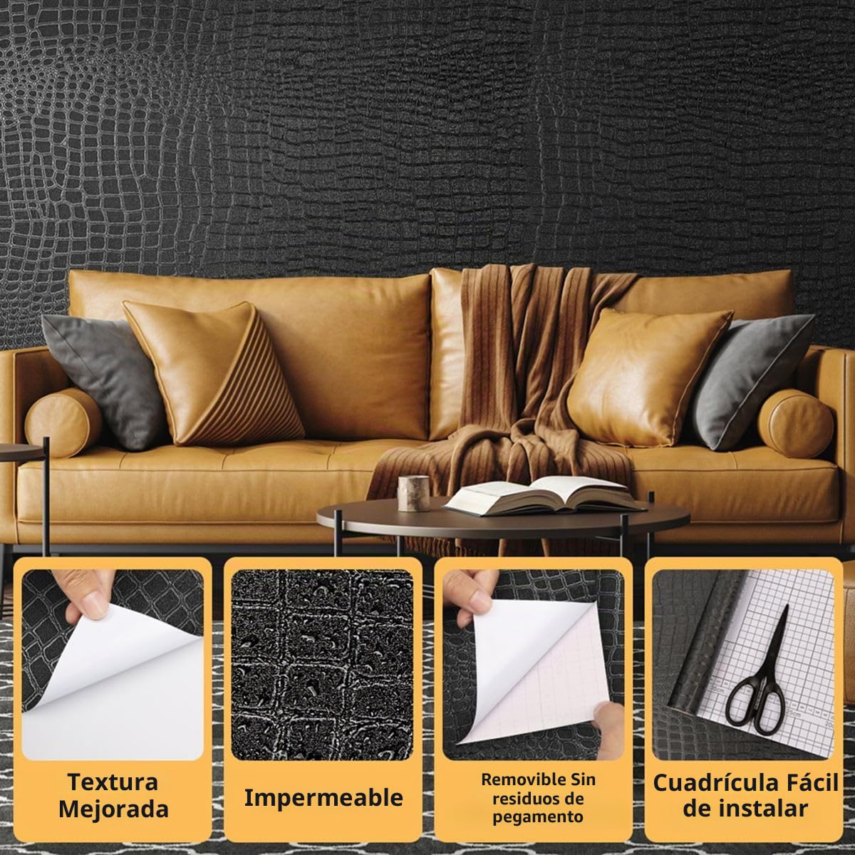 Arthome Autoadhesivo Papel Pintado Negro,44cmx10m Cocodrilo Texturado papel Vinilo Adhesivo Imitación Cuero Negro Impermeable Removible Piel de Cocodrilo para Muebles