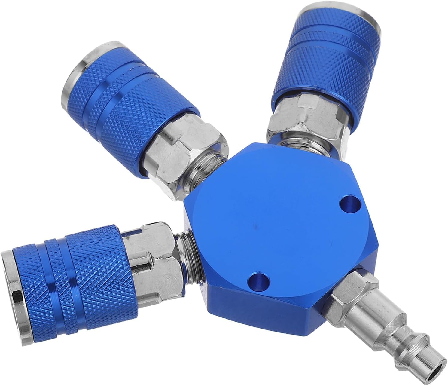 Homoyoyo Aluminum 1/4 Inch Blue Pneumatic Air Hose Quick Connect Coupler 3-way Splitter Industrial Air Compressor Fitting and Tube Connections