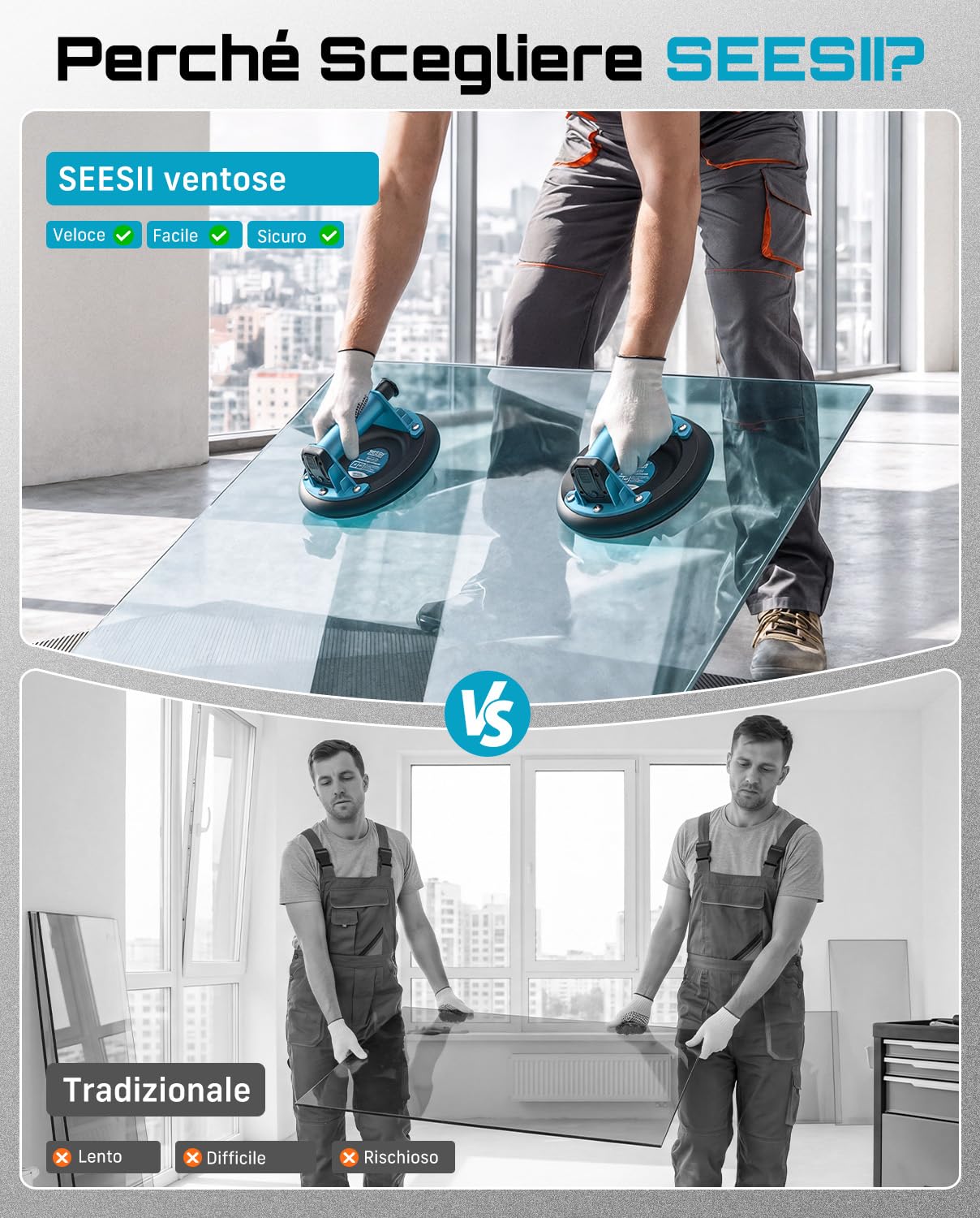 SEESII Ventose per Vetro Professionali, 2 Pezzi 8" Ventosa per Piastrelle, Carico a 200KG,Ventose per Sollevamento di Grandi Piastrelle, Granito, Metallo, Finestre