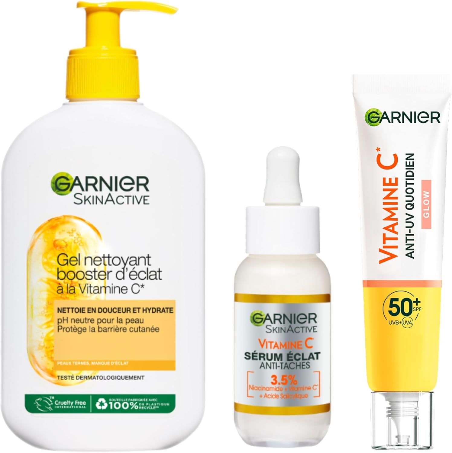 Garnier SkinActive Vitamin C Radiance Routine Set – Radiance Booster Cleansing Gel + Anti-Dark Spot Serum + Glow Daily Anti-UV Fluid SPF50+ – Enriched with Vitamin C – All Skin Types
