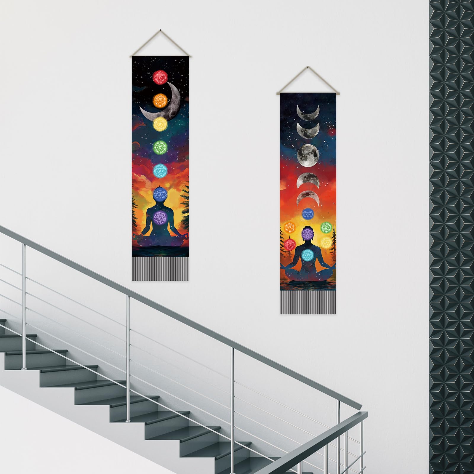 SUPERDANT Arazzo Dei Sette Chakra Meditazione Tappezzeria Da Parete Fasi Lunari Decorazione 2 Tappeti Lunghi Con Frange Per Soggiorno Camera Da Letto Yoga 130x33 cm