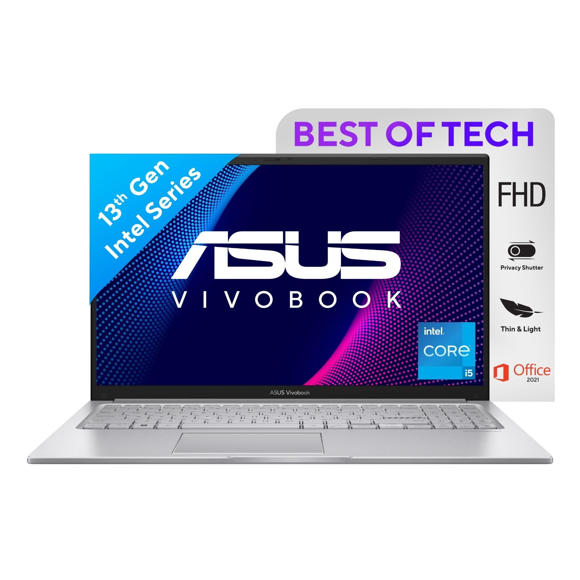 ASUS Vivobook 15 (2023), Intel Core i5-1335U 13th Gen, 15.6" (39.62 Cms) FHD, Thin and Light Laptop (8GB RAM /512GB SSD/Intel Iris X?/Windows 11/Office 2021/Fingerprint/Silver/1.7 Kg),X1504VA-NJ524WS