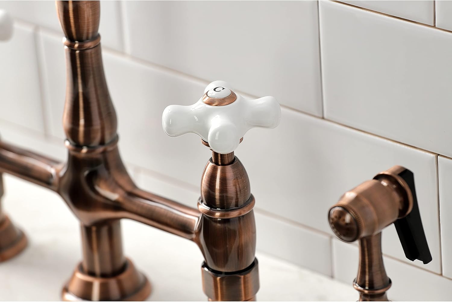 Kingston Brass KS127PXBSAC Heritage Bridge Kitchen Faucet with Brass Sprayer, Antique Copper