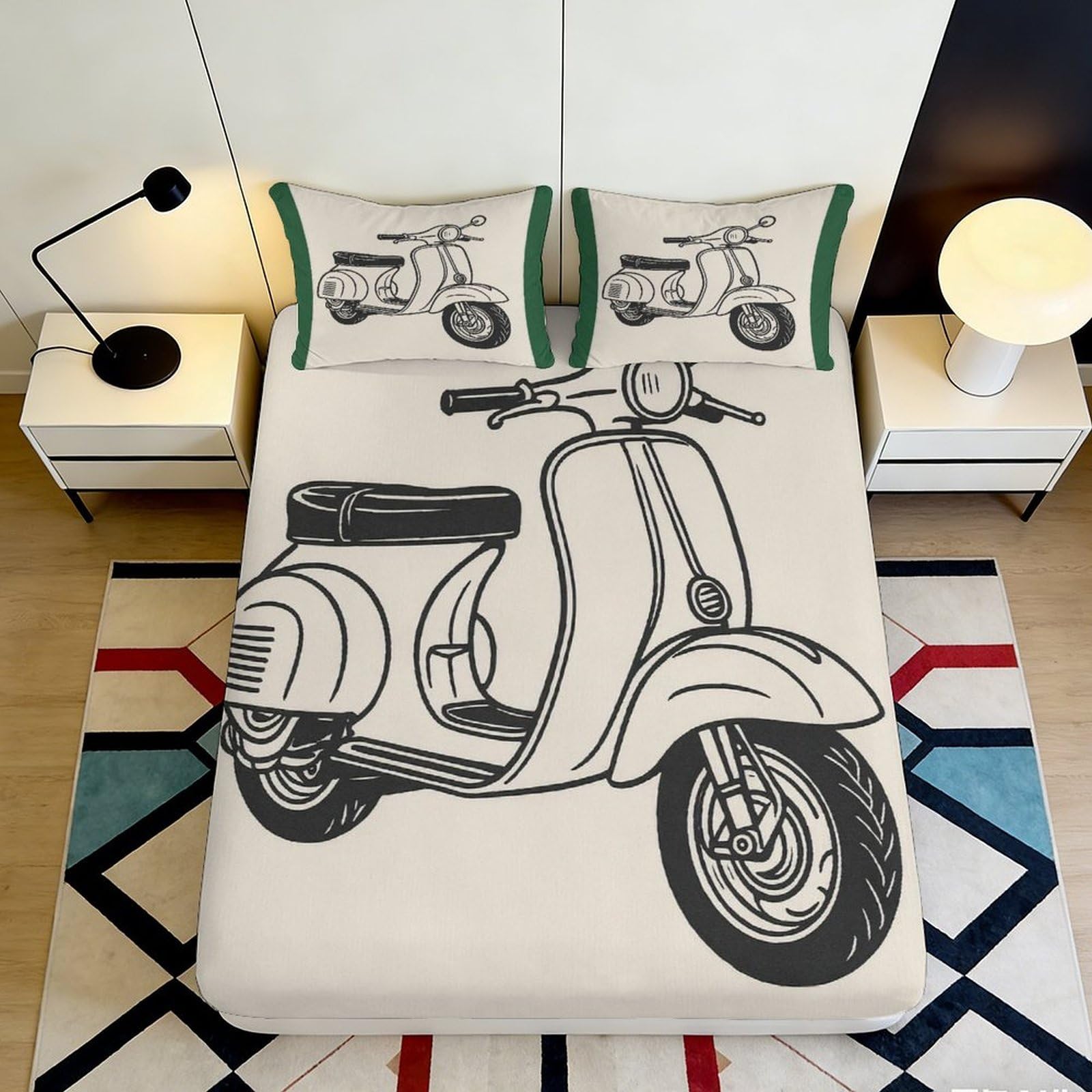 Uynsixtme Style-5 3D Printed Scooter Fitted Sheet Microfiber Non-Slip Deep Pocket Bedroom Scooter Mattress Fitted Cover Washable 140X200x25cm