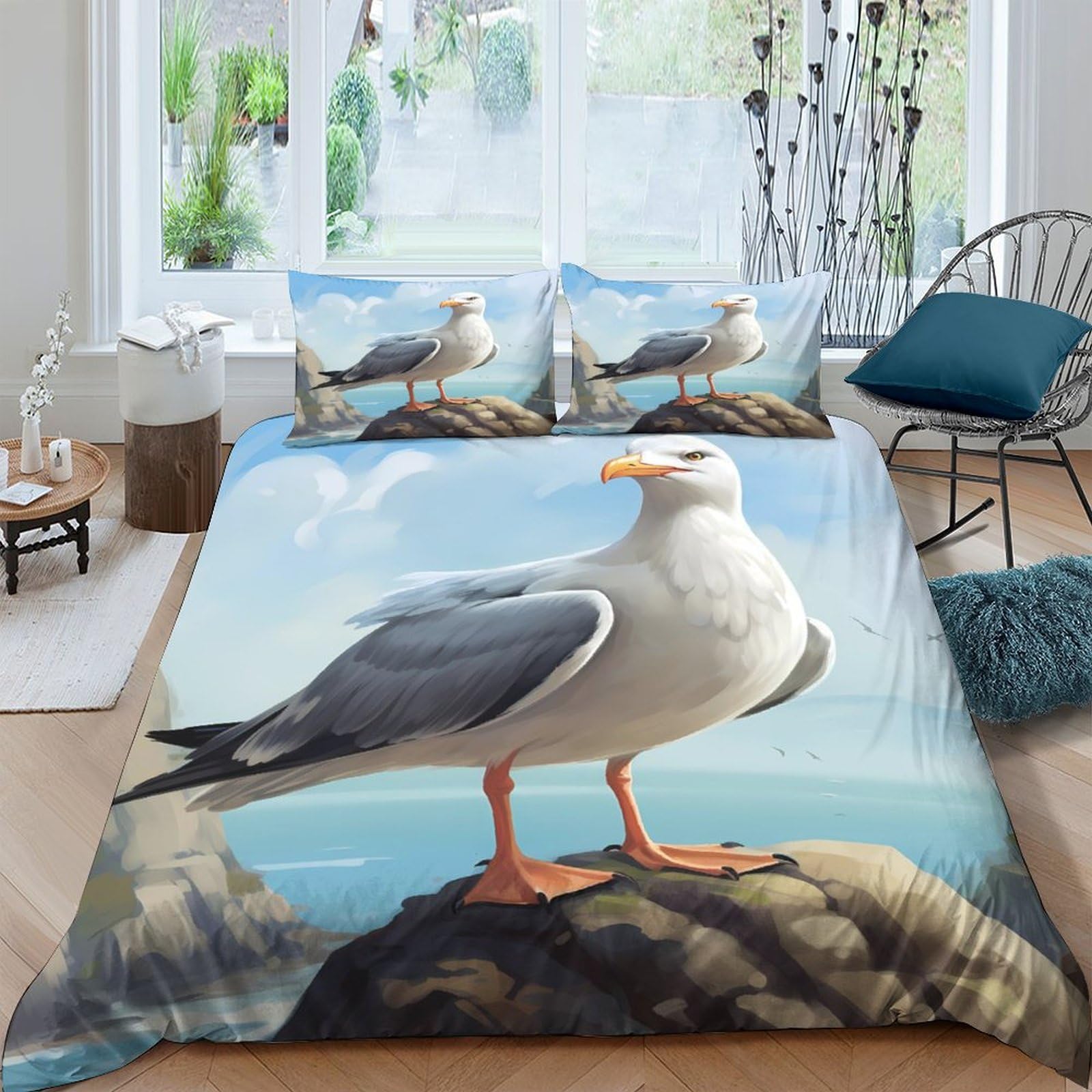 Ctjqhvkz Style-10 3D Printed Seagull Ocean View Fitted Sheet Microfiber Soft Slip-Resistant Mattress Cover Blue Bedroom Decor Single（135X200cm）