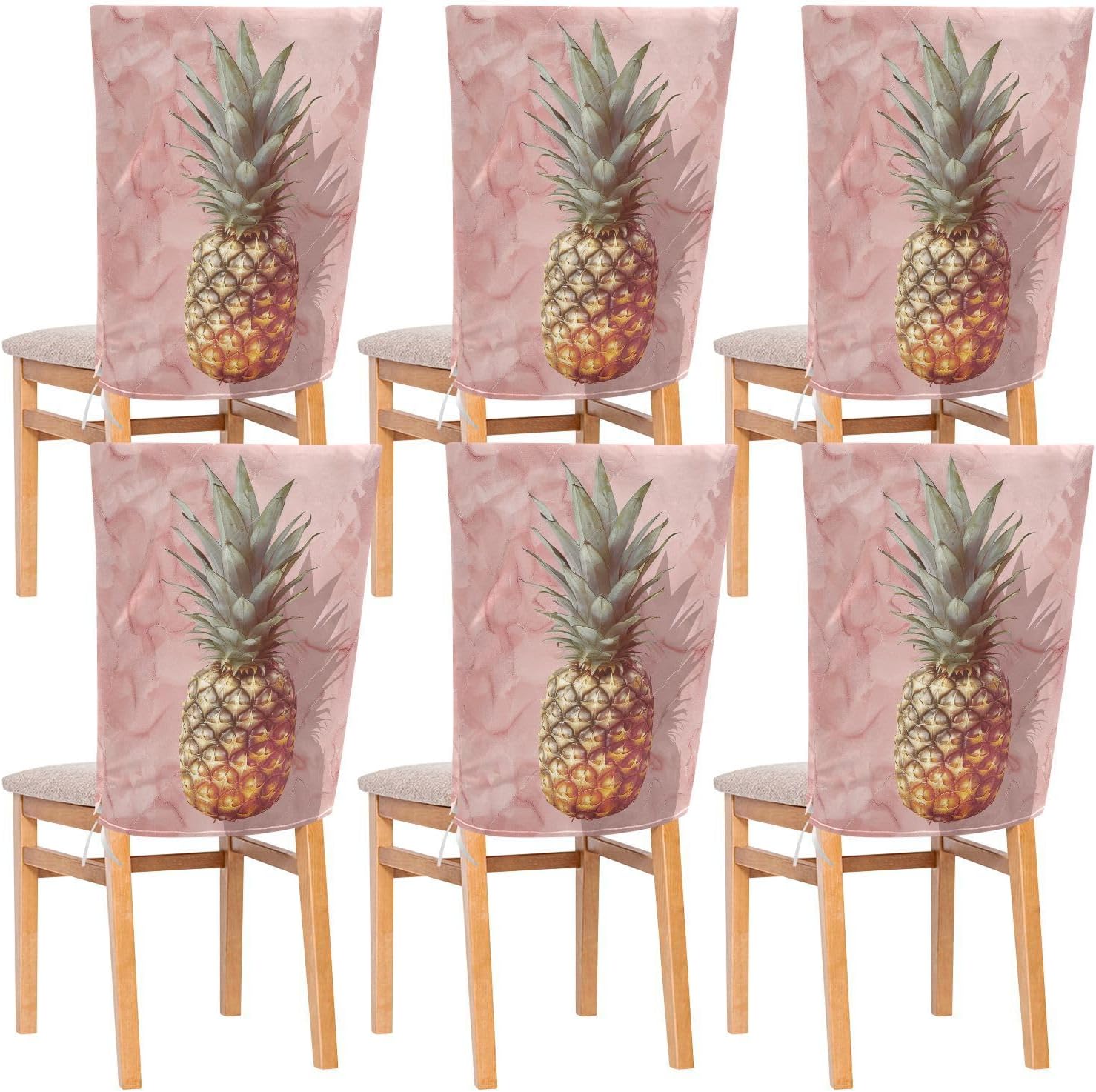 ALAZA Pineapple on Rose Marble Chair Back Cover Set of 6, Washable Reusable Removable Chair Slipcovers Decorative Chair Cover for Home Kitchen Wedding Party