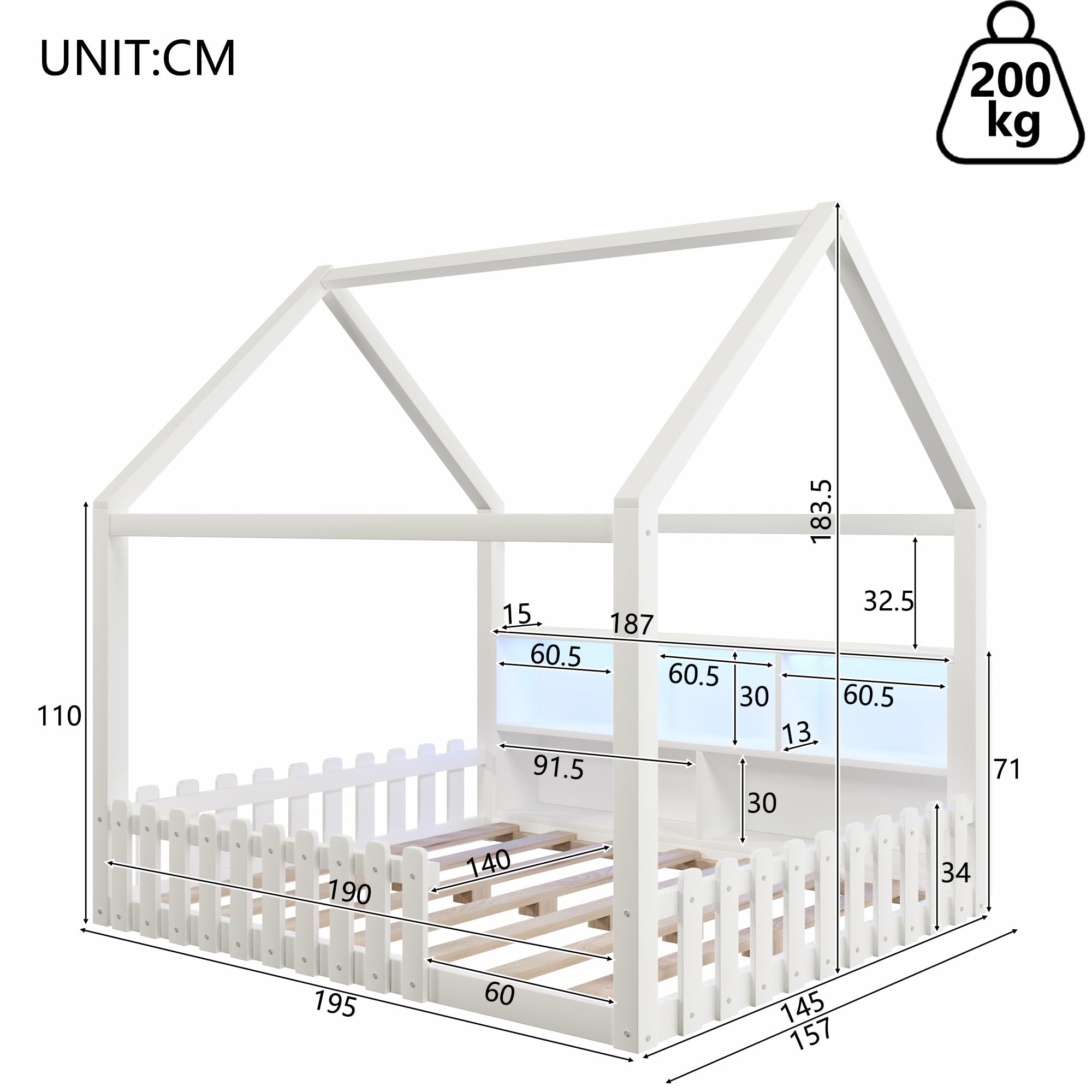 Cama infantil de 140 x 190 cm, con tira de luces LED, compartimentos de almacenamiento abiertos, listón de casa, cama de suelo Montessori con protección contra caídas y somier, cama de madera para