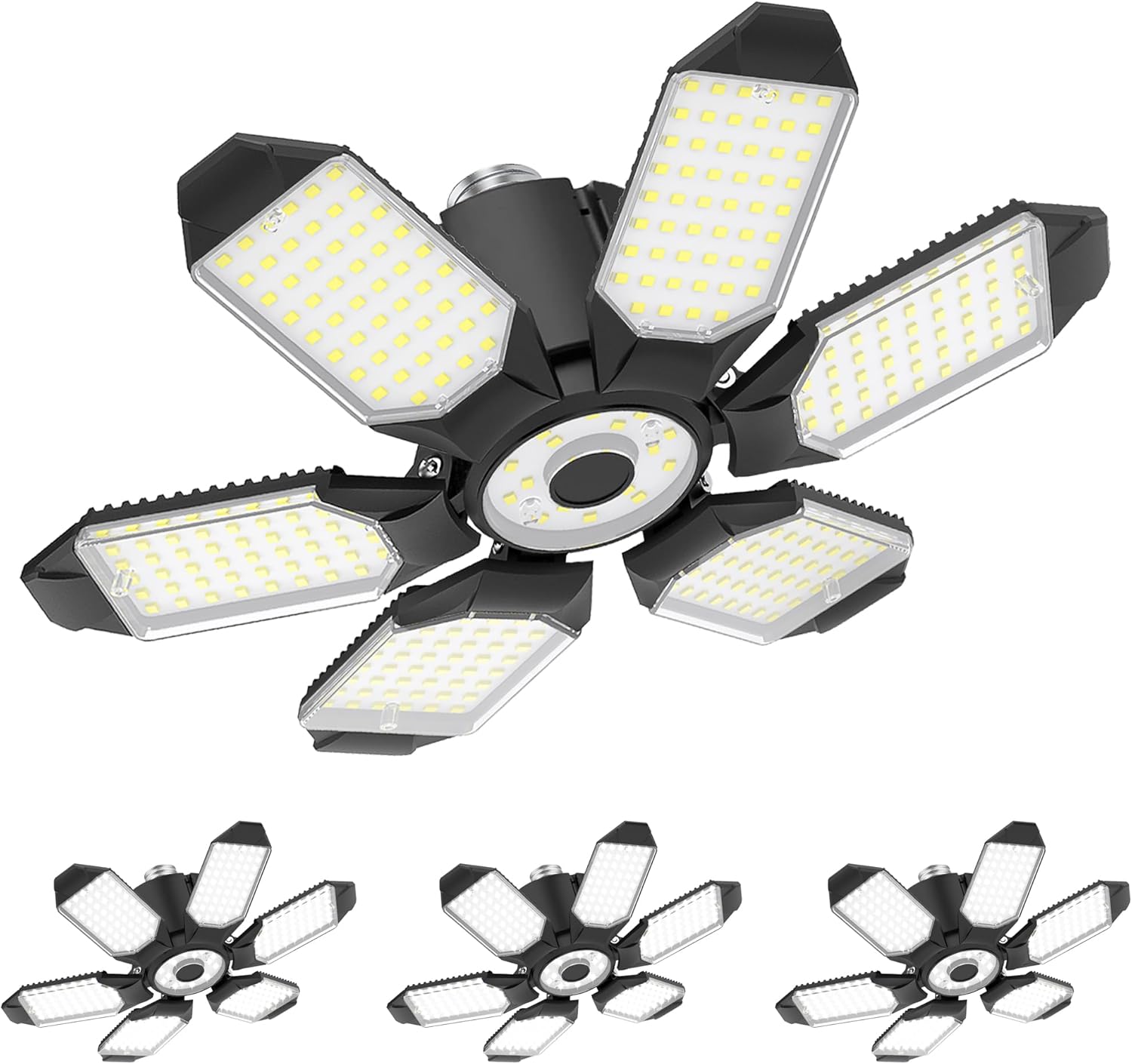 BRAINIAC 100W LED Garage Light Bulb, Deformable Garage Lighting Led with 6 Adjustable Panels, E26/E27 Screw-in Shop Lights for Basement Workshop Corridor Stadium - 4Pack