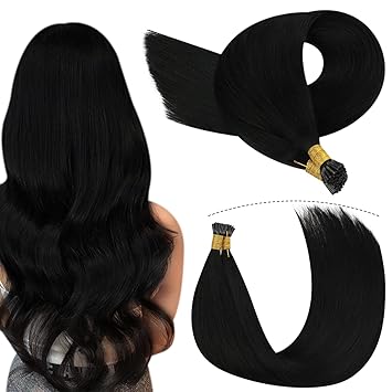 16, 1: Youngsee 16 Inches 100% Real I Tip Hair Extensions Keratin Human Hair Jet Black #1 Fusion Tip Extensions Remy Human Hair Salon Style