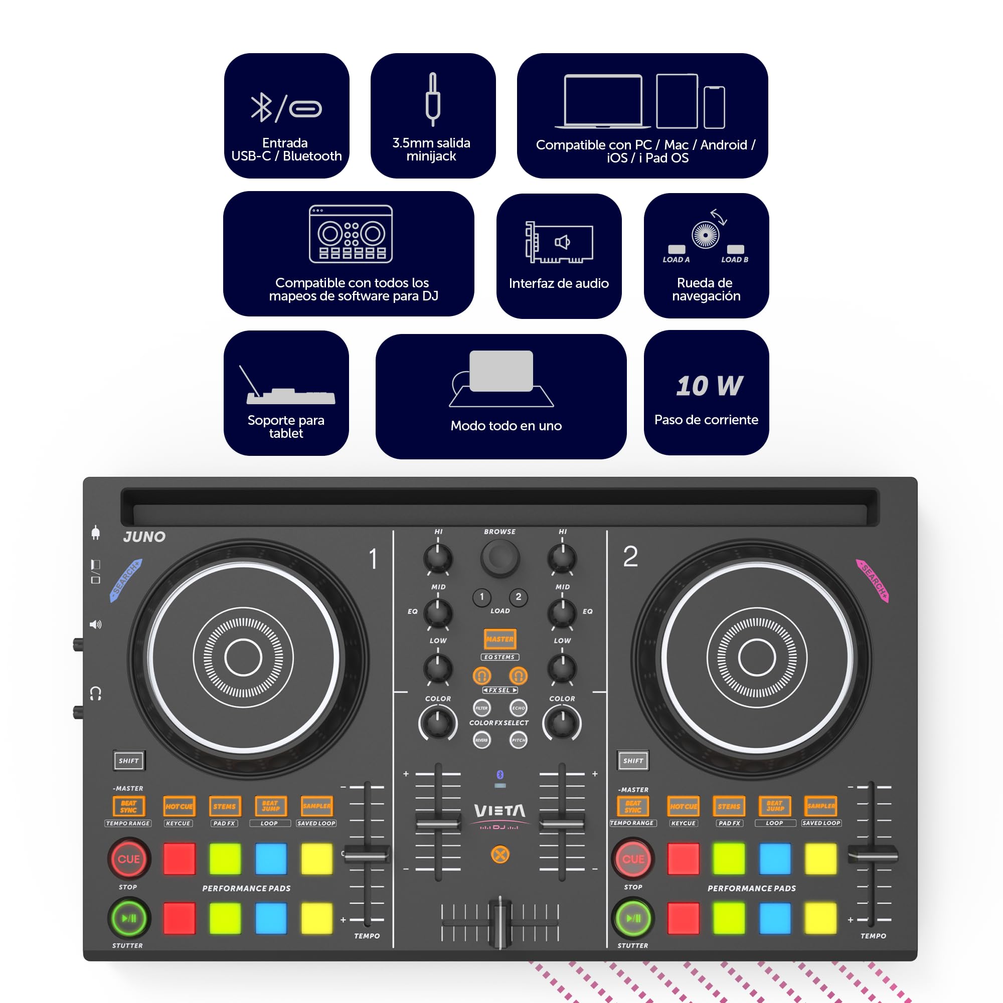 VIETA PRO Mixer DJ Bluetooth professionale con scheda audio integrata. Controller DJ Con Luci Integrate RGB, Mixer DJ Controller e Interfaccia Audio. Mixer DJ Juno